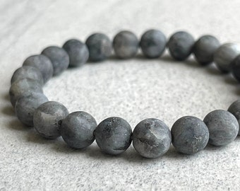 Men's Beaded Bracelet - Matte Black Labradorite/Larvikite Beaded Bracelet in 6mm, 8mm or 10mm Beads, Gemstone Stretch Bracelet, Gift for Him