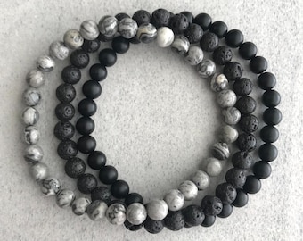 Men's Gemstone Beaded Bracelet Set: Map Jasper, Black Lava, Matte Onyx