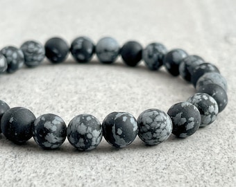 Men&#39;s Matte Snowflake Obsidian Beaded Stretch Bracelet