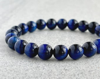 Blue Tiger Eye Beaded Bracelet: Men's Gemstone Stretch Bracelet