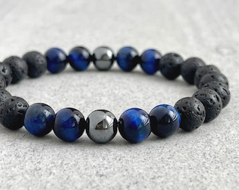 Men's Beaded Bracelet - 6mm, 8mm or 10mm Black Lava, Blue Tiger Eye and Hematite Beaded Stretch Bracelet, Gemstone Bracelet, Gift for Him