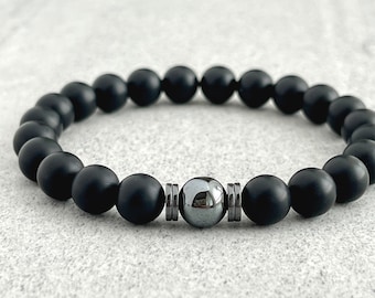 Matte Onyx Beaded Bracelet with Hematite: Men's Gemstone Stretch Bracelet