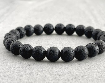 Men&#39;s Beaded Bracelet - 6mm, 8mm or 10mm Black Lava Beaded Stretch Bracelet, Gemstone Stretch Bead Bracelet, Stacking Bracelet, Gift for Him
