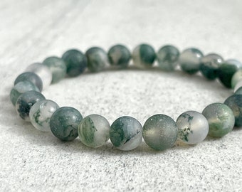Pulsera de cuentas de ágata musgosa mate: Joyería elástica de piedras preciosas para hombre