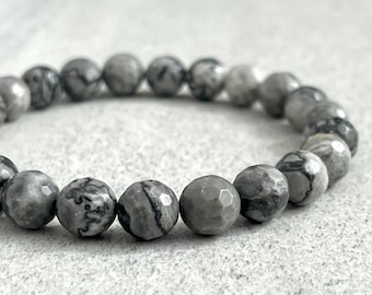 Faceted Map Jasper Beaded Bracelet - Men's Gemstone Stretch Bracelet