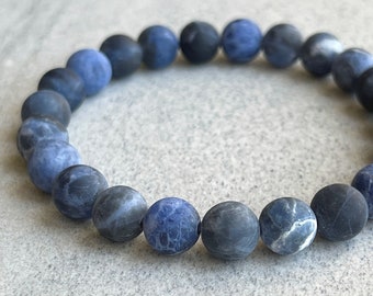 Men's Beaded Bracelet - Matte Sodalite Beaded Bracelet in 4mm, 6mm, 8mm or 10mm Beads  , Gemstone Stretch Beaded Bracelet, Gift for Him