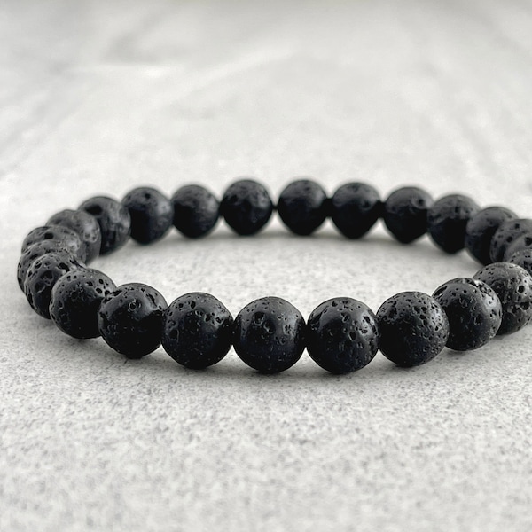 Men's Beaded Bracelet - 6mm, 8mm or 10mm Black Lava Beaded Stretch Bracelet, Gemstone Stretch Bead Bracelet, Stacking Bracelet, Gift for Him