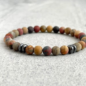 Matte Picasso Jasper Bracelet with Black Hematite in 6mm & 8mm Beads, Gemstone Stretch Beaded Bracelet, Men's Beaded Bracelet, Gift for Him