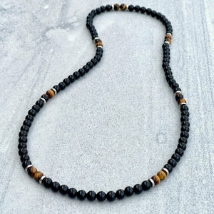 Men's Beaded Necklace - 6mm Glossy Onyx Beaded Necklace with Yellow Tiger Eye, Gemstone Beaded Necklace, Clasp-Free Necklace, Gift for Him