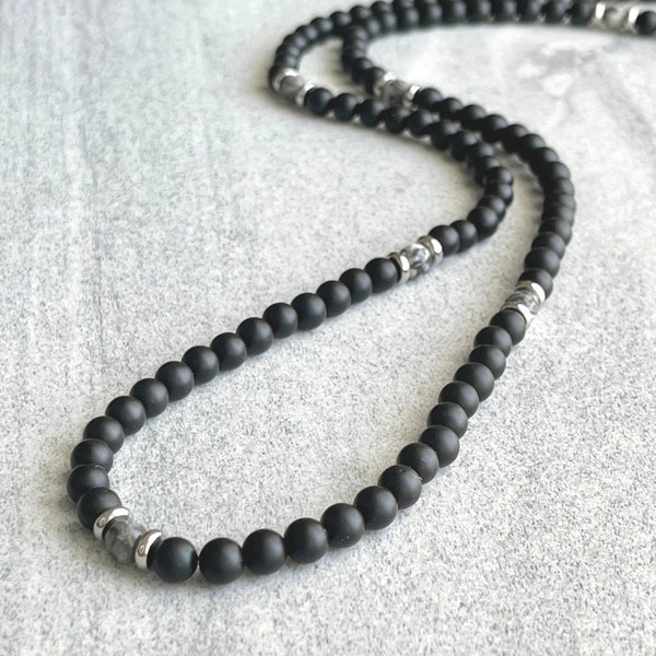 Men's Beaded Necklace - 6mm Matte Onyx Beaded Necklace with Faceted Map Jasper, Gemstone Beaded Necklace, Clasp-Free Necklace, Gift for Him
