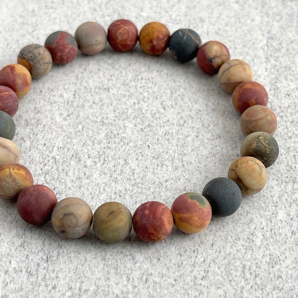 Men's Beaded Bracelet - 6mm, 8mm or 10mm Matte Picasso Jasper Bracelet, Gemstone Beaded Bracelet, Stretch Bracelet, Gift for Him