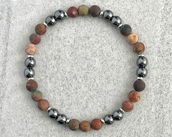Matte Picasso Jasper & Hematite Beaded Bracelet: Men's Gemstone Stretch Bracelet