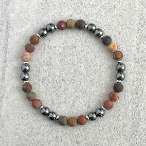 Bracelet homme en perles de jaspe Picasso et hématite : Bracelet extensible de pierres précieuses du bonheur