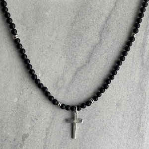 Men&#39;s Beaded Necklace - 6mm Matte Onyx Beaded Necklace with Stainless Steel Cross, Gemstone Clasp-Free Necklace, Onyx Necklace, Gift for Him