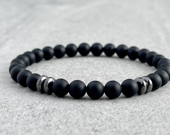 Matte Onyx Bracelet with Black Hematite Rondelles: Men's Gemstone Stretch Bracelet