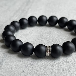 Men&#39;s Beaded Bracelet - 10mm  Matte Onyx Stretch Bracelet with Sterling Silver Spacer, Gemstone Beaded Stretch Bracelet, Gift for Him