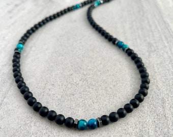 Matte Onyx Necklace with Aqua Tiger Eye & Hematite: Men's Gemstone Clasp-Free Necklace
