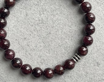 Men's Beaded Bracelet - 8mm Garnet with Sterling Silver Triple Ring Bead, Gemstone Stretch Bead Bracelet, Garnet Bead Bracelet, Gift for Him