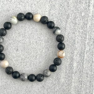 Men's Beaded Bracelet - 6mm, 8mm or 10mm Silver Picasso Jasper, Matte Onyx & Lava Beaded Bracelet, Gemstone Stretch Bracelet, Gift for Him