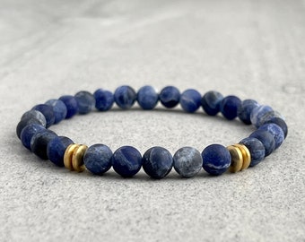 Men's Beaded Bracelet - 6mm Matte Sodalite Bracelet with Brass Rondelles, Gemstone Beaded Stretch Bracelet, Gift for Him, Blue Bead Bracelet