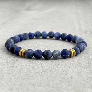 Men's Beaded Bracelet - 6mm Matte Sodalite Bracelet with Brass Rondelles, Gemstone Beaded Stretch Bracelet, Gift for Him, Blue Bead Bracelet