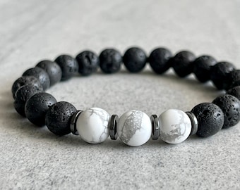 Black Lava, Matte White Howlite and Hematite Beaded Bracelet in 6mm, 8mm or 10mm Beads - Gemstone Beaded Stretch Bracelet, Gift for Him