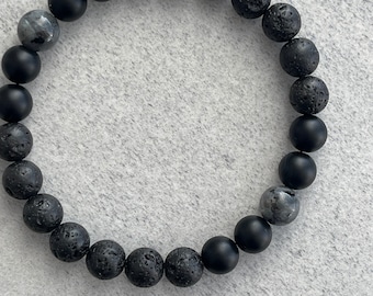Men&#39;s Beaded Bracelet - 6mm, 8mm or 10mm Black Lava, Matte Onyx and Larvikite Bracelet, Gemstone Beaded Stretch Bracelet, Gift for Him