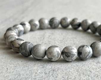 Herren-Perlenarmband – Mattes Karten-Jaspis-Perlenarmband in 6 mm, 8 mm oder 10 mm Perlen, Edelstein-Perlen-Stretch-Armband, Geschenk für Ihn