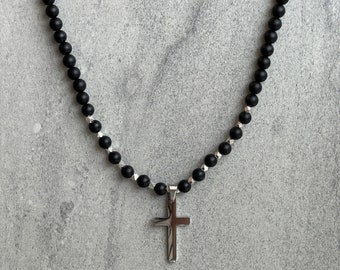 Men's Beaded Necklace - 6mm Matte Onyx Beaded Necklace with Stainless Steel Cross, Gemstone Necklace, Clasp-Free Necklace, Gift for Him