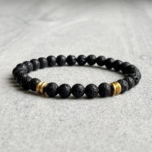 Men's Beaded Bracelet - 6mm Black Lava Bracelet with Brass Rondelles, Gemstone Beaded Stretch Bracelet, Gift for Him, Lava Bead Bracelet