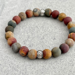 Men&#39;s Beaded Bracelet - 8mm Matte Picasso Jasper Beaded Bracelet with Celtic spacer, Gemstone Stretch Beaded Bracelet, Gift for Him