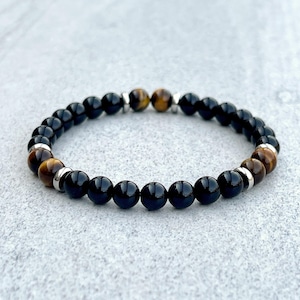 Bracelet de perles pour homme - Bracelet de perles en onyx brillant 6 mm avec oeil de tigre jaune, bracelet de perles extensibles avec pierres précieuses, cadeau pour lui, bracelet pour homme