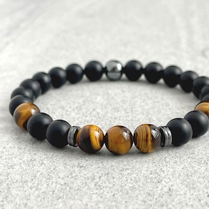 Men&#39;s Beaded Bracelet - 6mm, 8mm or 10mm Onyx, Yellow Tiger Eye and Hematite Beaded Bracelet, Gemstone Stretch Beaded Bracelet, Gift for Him