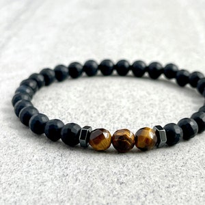 Bracelet de perles pour homme - Onyx mat à facettes de 6 mm avec oeil de tigre jaune et hématite, Bracelet extensible de perles de pierres précieuses, cadeau pour lui