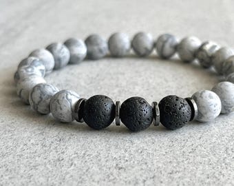 Map Jasper & Lava Stone Beaded Bracelet with Hematite Accents: Men's Gemstone Stretch Bracelet