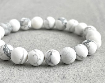 Men's Beaded Bracelet - 4mm, 6mm, 8mm, 10mm or 12mm Matte White Howlite Beaded Bracelet, Gemstone Beaded Stretch Bracelet, Gift for Him