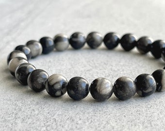 Men’s Beaded Bracelet - Orthoceras Fossil Jasper in 6mm, 8mm & 10mm Beads - Gemstone Stretch Bracelet, Stacking Bracelet, Gift for Him