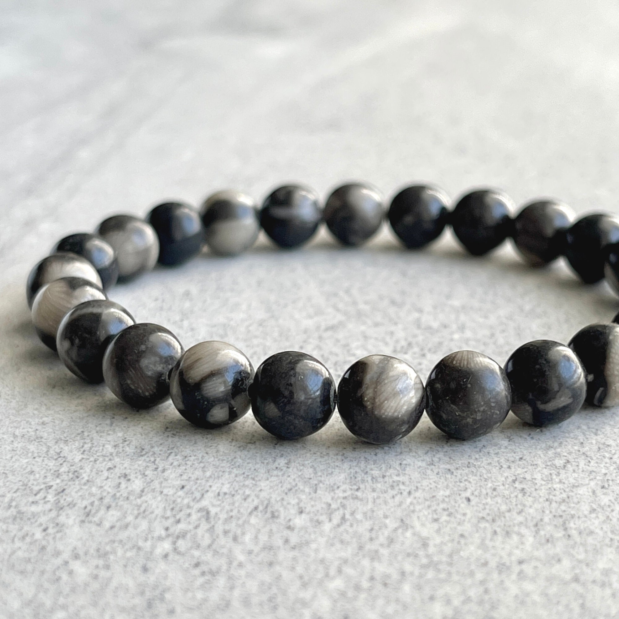 Orthoceras Fossil Jasper Beaded Bracelet - Gemstone Stretch Bracelet