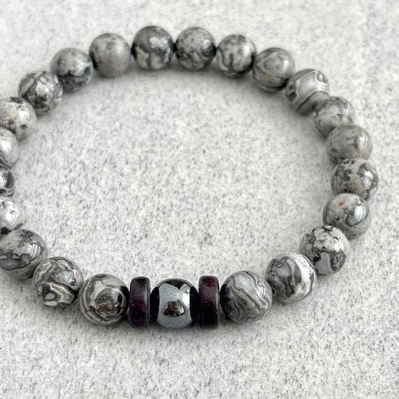Mens Stretch Bracelet with Map and Picture Jasper Beads Mens Stretch Bracelet with Map and Picture Jasper Beads