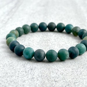 Men&#39;s Beaded Bracelet - 6mm, 8mm or 10mm Matte Moss Agate Beaded Bracelet, Green Gemstone Stretch Beaded Bracelet, Gift for Him, Gifts