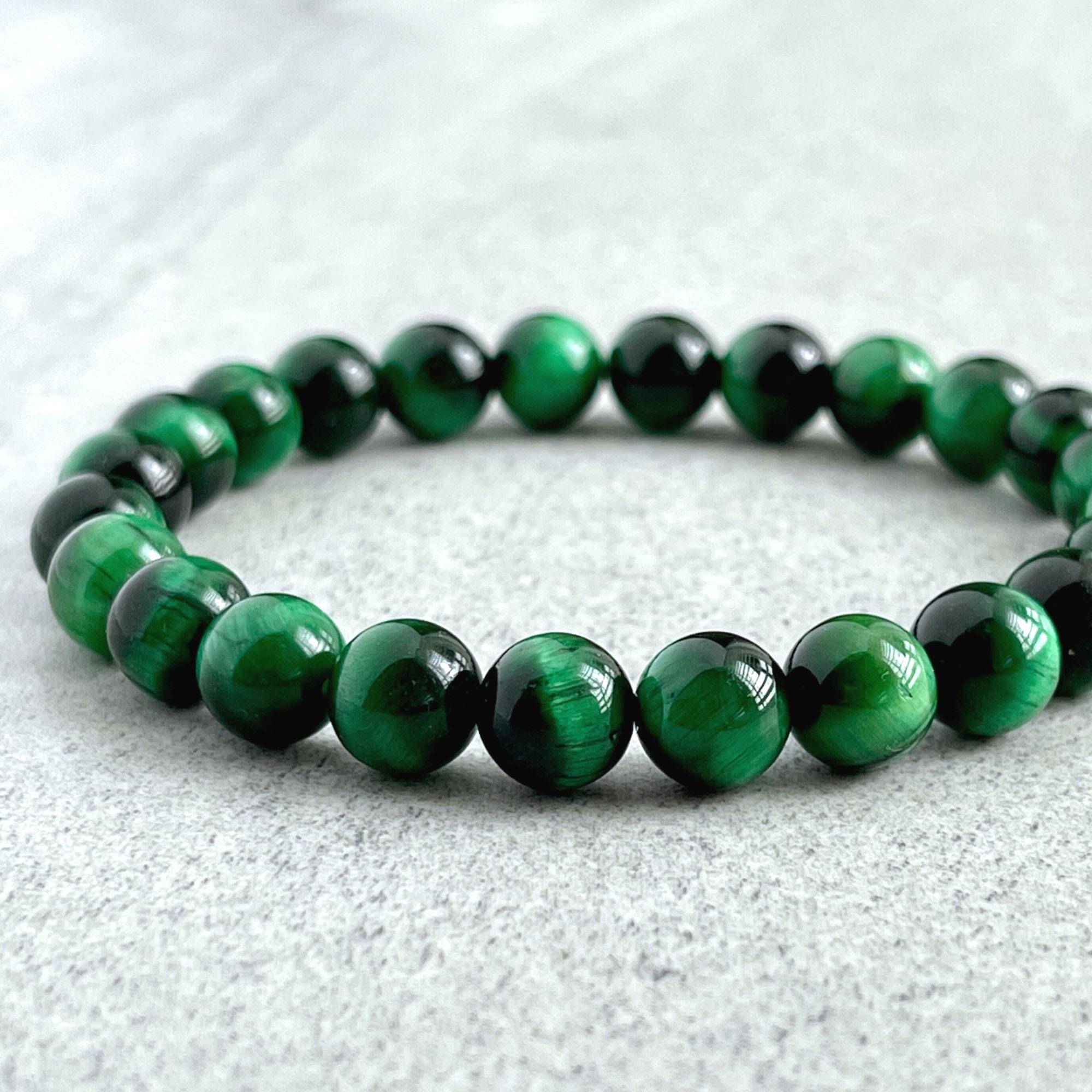 Green Tiger Eye Beaded Bracelet: Men's Gemstone Stretch Bracelet