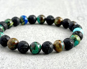 Men’s Beaded Bracelet - 6mm, 8mm Chrysicolla & Black Lava Beaded Bracelet, Gemstone Beaded Stretch Gemstone Bracelet, Gift for Him