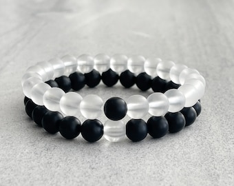 Couples Beaded Bracelet - 8mm Matte Onyx and Frosted Quartz Beaded Bracelet, You Complete Me, His and Hers, Gemstone Stretch Bracelet