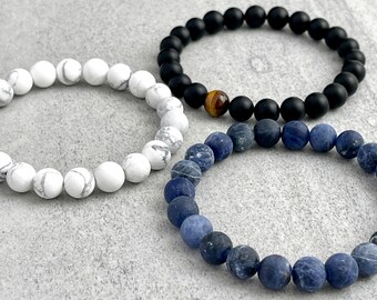 Men's Gemstone Beaded Bracelet Set: Matte Onyx, Matte Sodalite, White Howlite