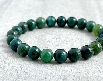 Men's Beaded Bracelet - Moss Agate Beaded Bracelet in 6mm, 8mm or 10mm Beads, Gemstone Stretch Bracelet, Green Bead Bracelet, Gift for Him