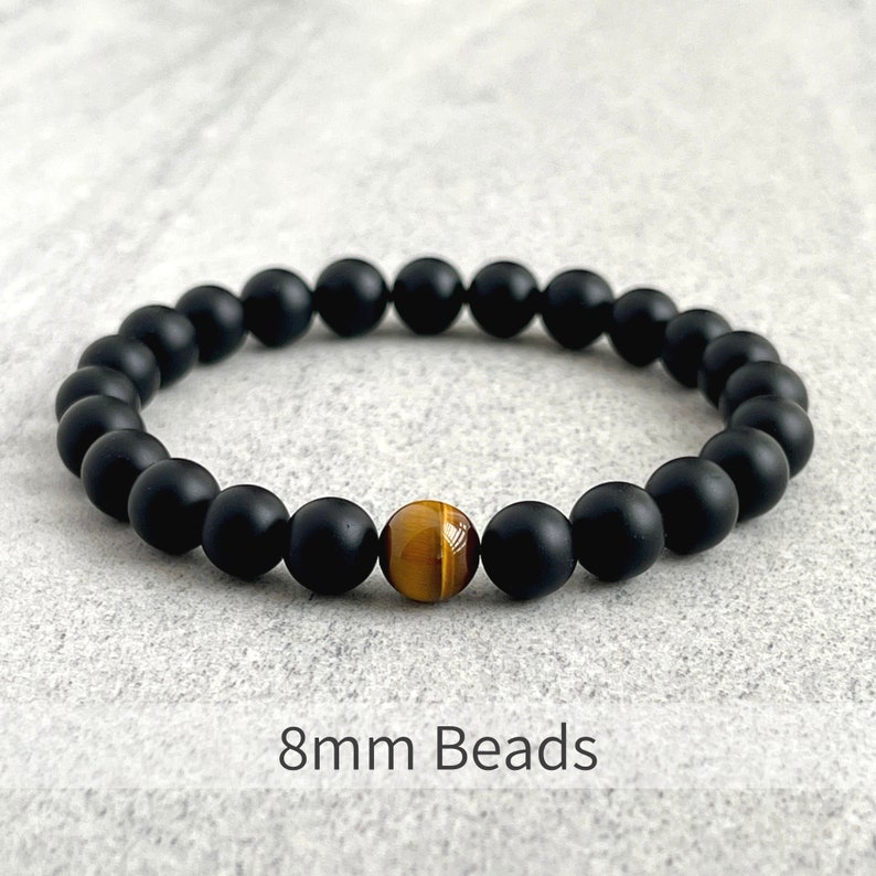 Men's Beaded Bracelet 6mm, 8mm or 10mm Matte Onyx and Single Yellow Tiger Eye Stretch Bracelet, Gemstone Beaded Bracelet, Gift for Him 8mm