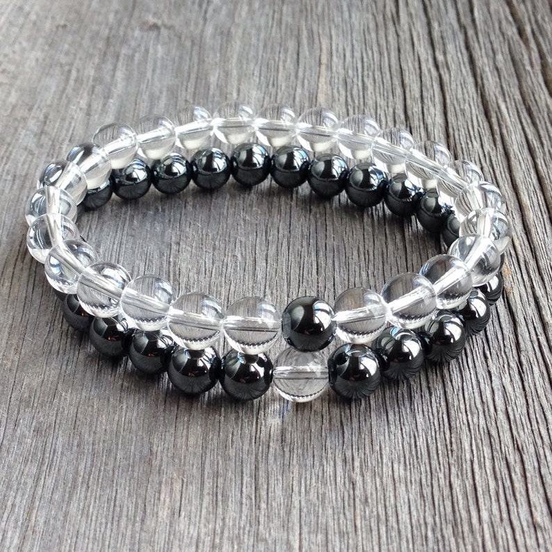 Couples Beaded Bracelet 8mm Hematite and Clear Quartz His Etsy