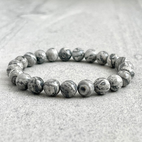 Mens Stretch Bracelet with Map and Picture Jasper Beads Mens Stretch Bracelet with Map and Picture Jasper Beads