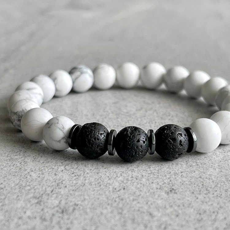 Matte White Howlite, Black Lava and Hematite Beaded Bracelet in 6mm, 8mm or 10mm Beads - Men's Lava Bead Bracelet, Gemstone Stretch Bracelet