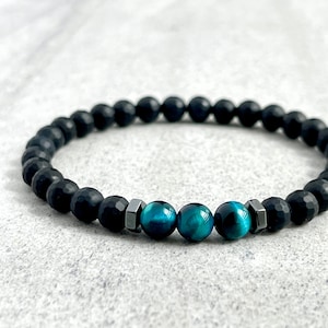 Men's Beaded Bracelet - 6mm Faceted Matte Onyx with Aqua Blue Tiger Eye & Hematite, Gemstone Stretch Bracelet, Gift for Him, Men's Bracelet